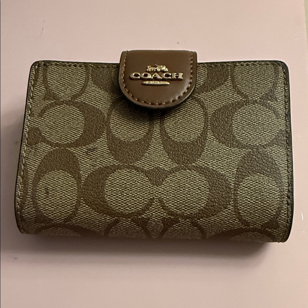 Coach Small Snap Card Holder in Brown Signature Canvas